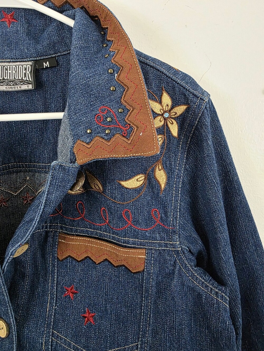 Vintage 1987 Rodeo RoughRider Jean Denim Button Jacket Y2K Embroidered Shirt Med - Picture 2 of 6